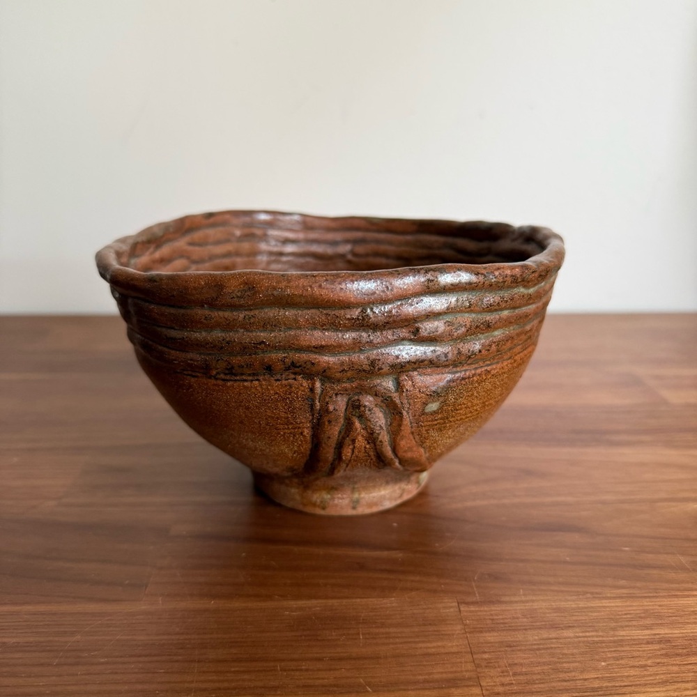 Vintage Japanese Studio Pottery Bowl Tanba Style Wabi Sabi Ribbed Stoneware